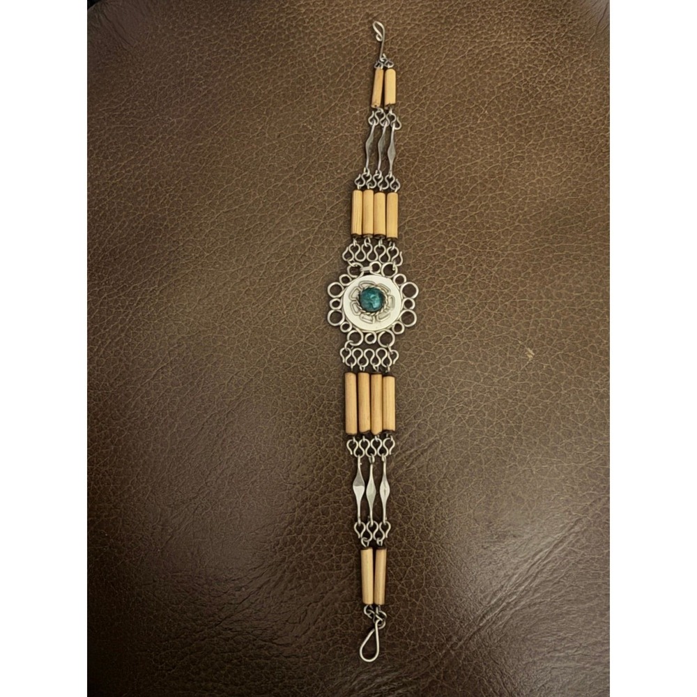 Peruvian alpaca silver bamboo bracelet central green stone azurite